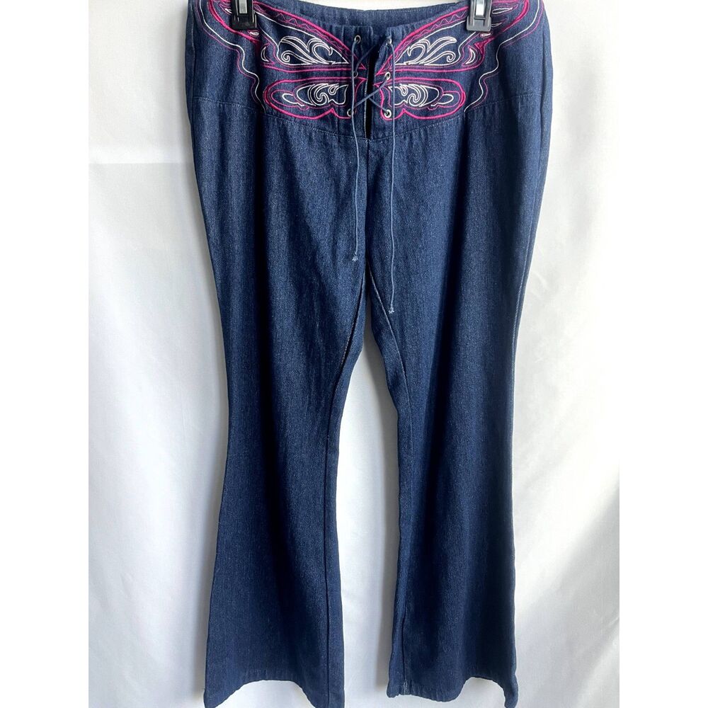Shein Butterfly Jeans Embroidered Size M/6 Low Rise Flare Dark Wash Y2K Lace Up